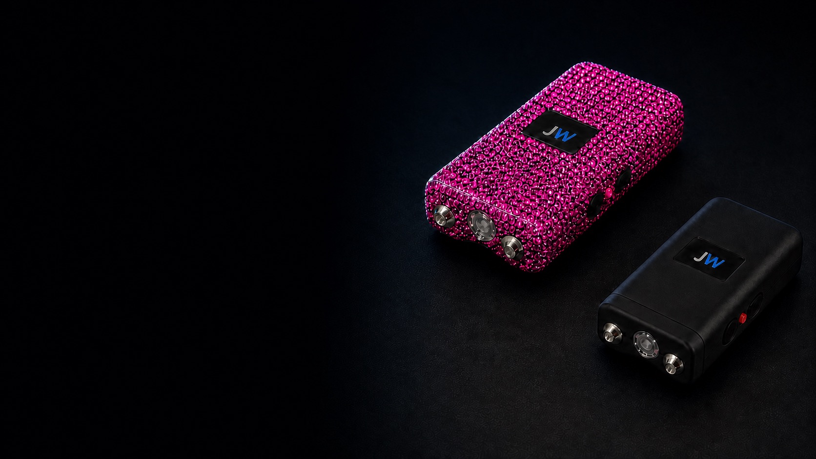 JW-800 stun guns in pink rhinestone and standard black finishes